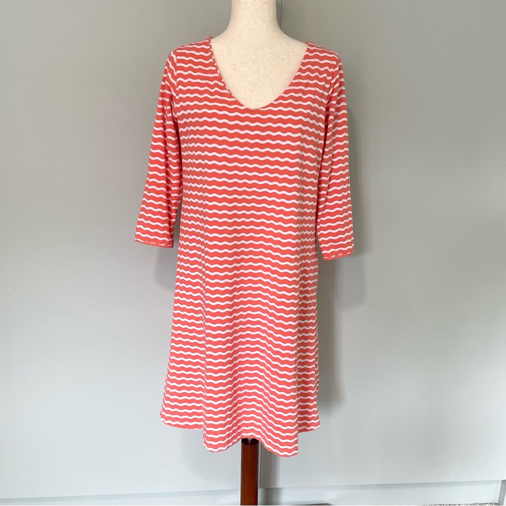 DUFFIELD LANE Wavy Stripe Cotton Blend Dress in Orange and White